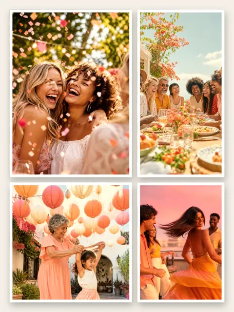 4 photo party collage, with white polaroid borders on warm paper, sized for a print