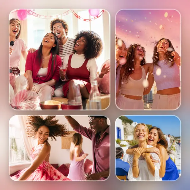 4 photo party collage, over a blurred version of its own photos
