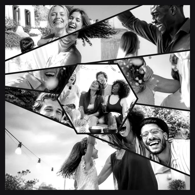 6 photo party collage with a hexagonal medallion over the others, in black and white on a dark ground