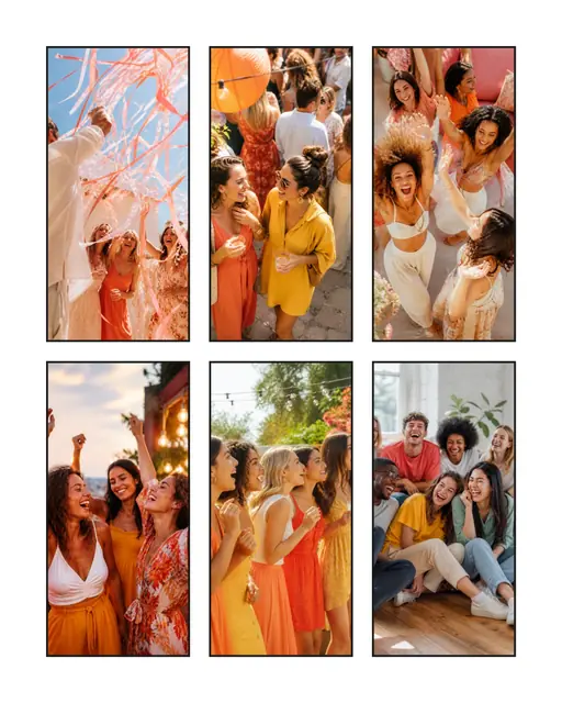 6 photo party collage, with wide gallery margins and a hairline border