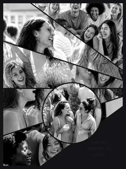 6 photo party collage, in black and white on a dark ground, sized for a print