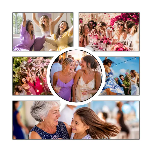 6 photo party collage, with wide gallery margins and a hairline border