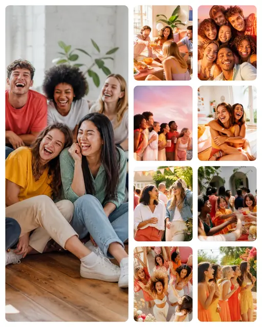 9 photo party collage, on plain white