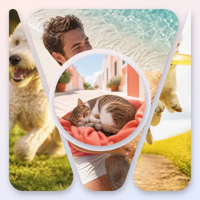 4 photo pet collage with a circular medallion over the others, with soft rounded corners on a pastel gradient