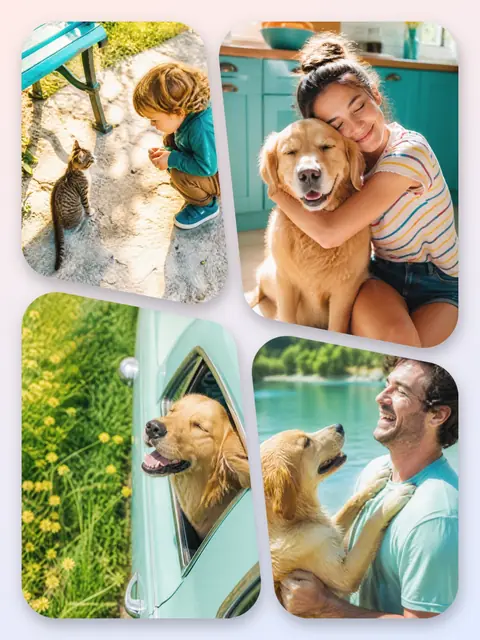 4 photo pet collage, with soft rounded corners on a pastel gradient, sized for a print