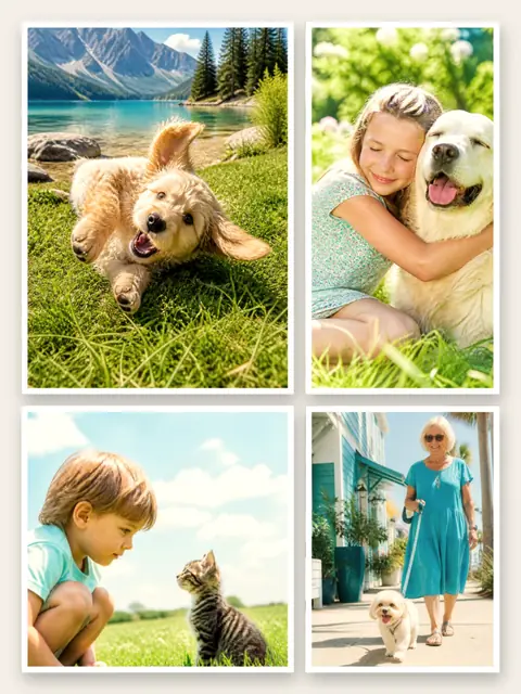 4 photo pet collage, with white polaroid borders on warm paper, sized for a print