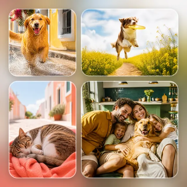 4 photo pet collage, over a blurred version of its own photos
