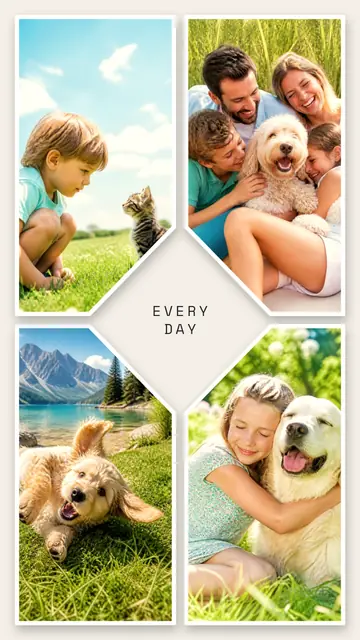 4 photo pet collage, with white polaroid borders on warm paper, sized for a story
