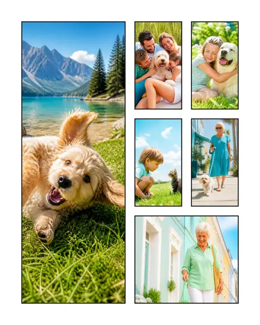 6 photo pet collage, with wide gallery margins and a hairline border