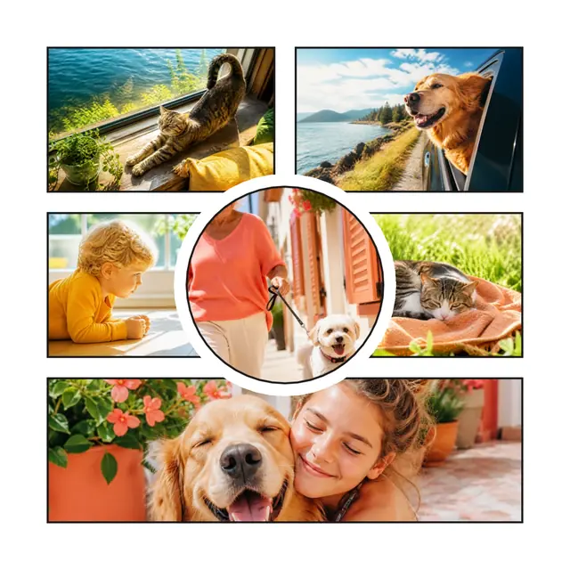 6 photo pet collage, with wide gallery margins and a hairline border