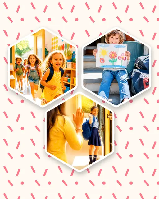 3 photo school collage, on a confetti patterned background