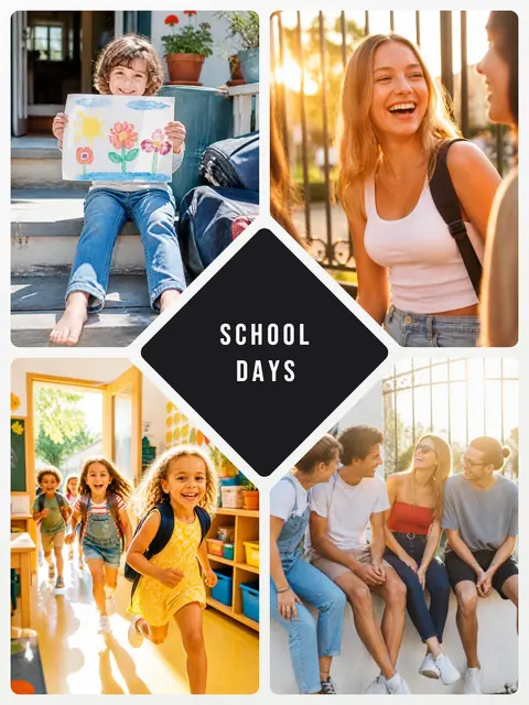 4 photo school collage with a heart medallion over the others, sized for a print
