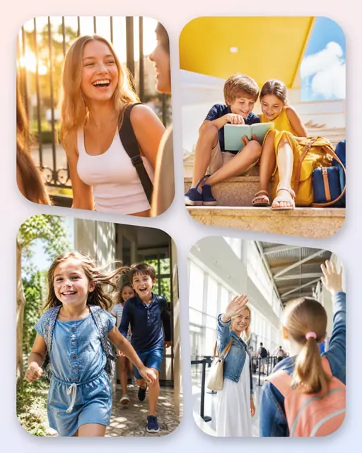 4 photo school collage, with soft rounded corners on a pastel gradient