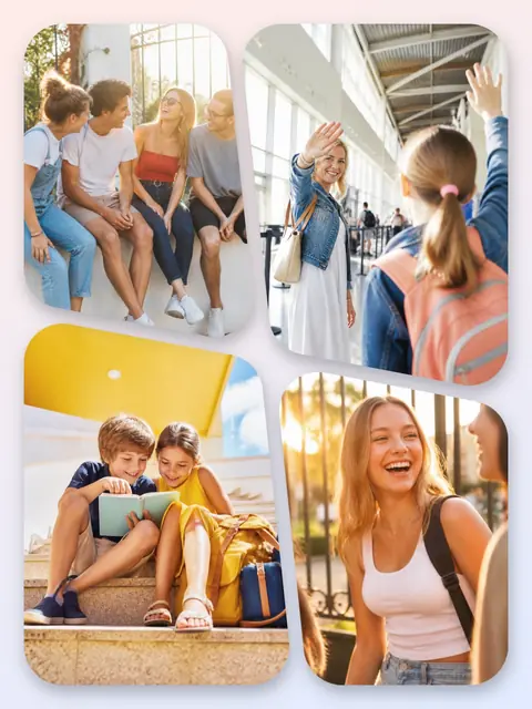 4 photo school collage, with soft rounded corners on a pastel gradient, sized for a print