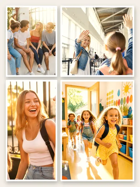 4 photo school collage, with white polaroid borders on warm paper, sized for a print
