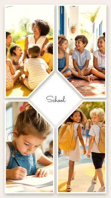 4 photo school collage, with white polaroid borders on warm paper, sized for a story