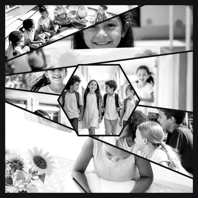 6 photo school collage with a hexagonal medallion over the others, in black and white on a dark ground