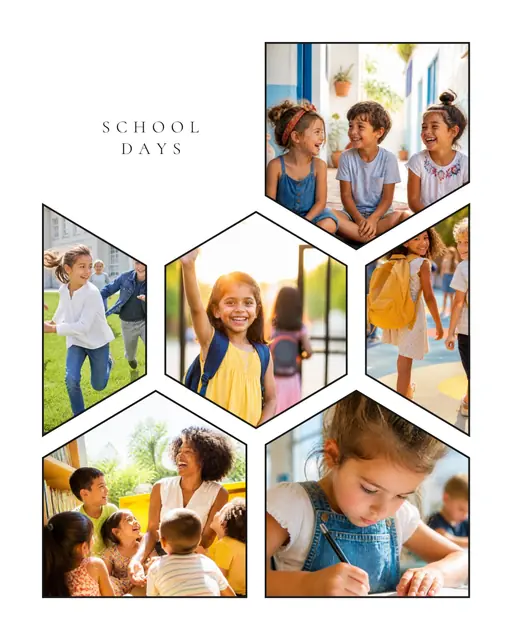 6 photo school collage, with wide gallery margins and a hairline border