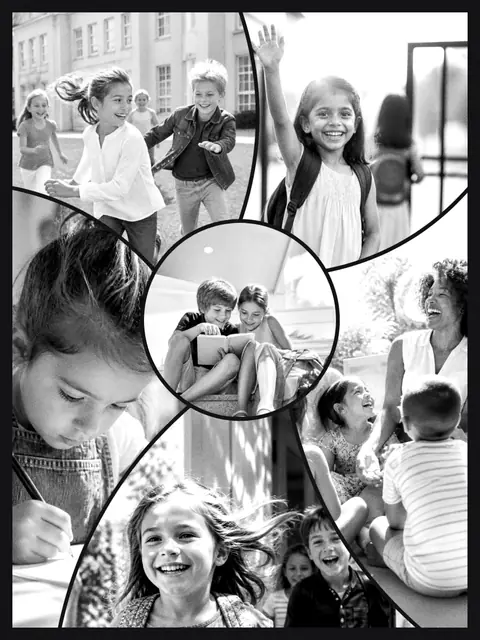 6 photo school collage, in black and white on a dark ground, sized for a print