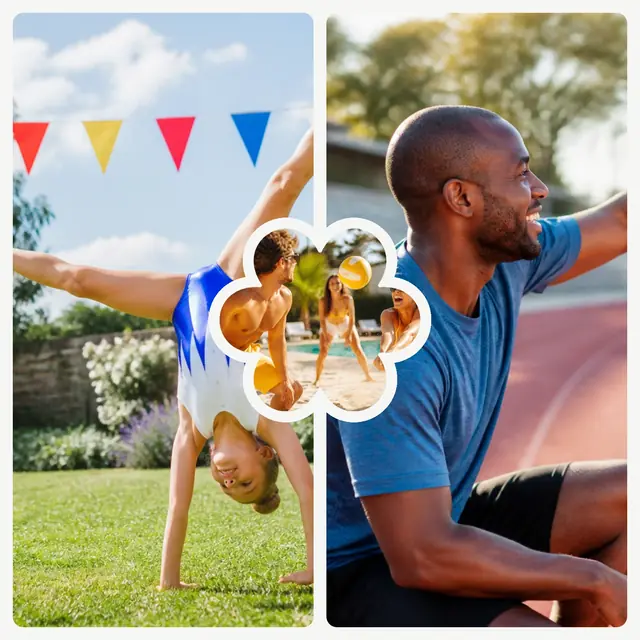 3 photo sports collage with a flower medallion over the others