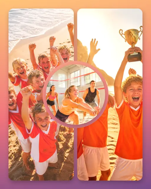 3 photo sports collage, on a warm sunset gradient