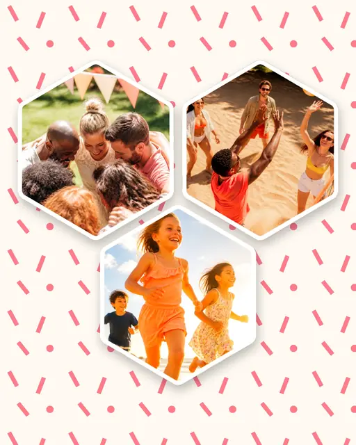 3 photo sports collage, on a confetti patterned background