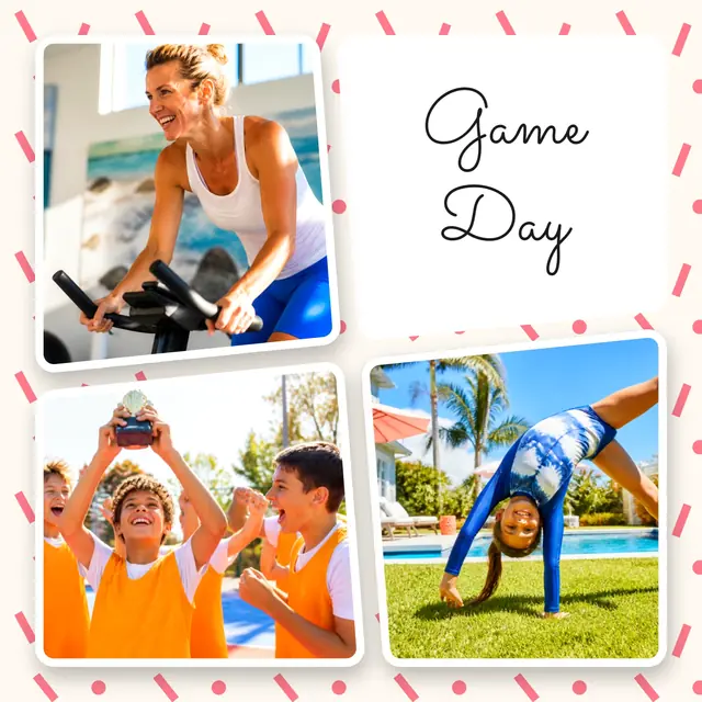 3 photo sports collage, on a confetti patterned background