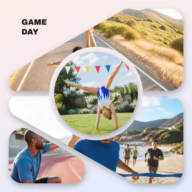 4 photo sports collage with a circular medallion over the others, with soft rounded corners on a pastel gradient