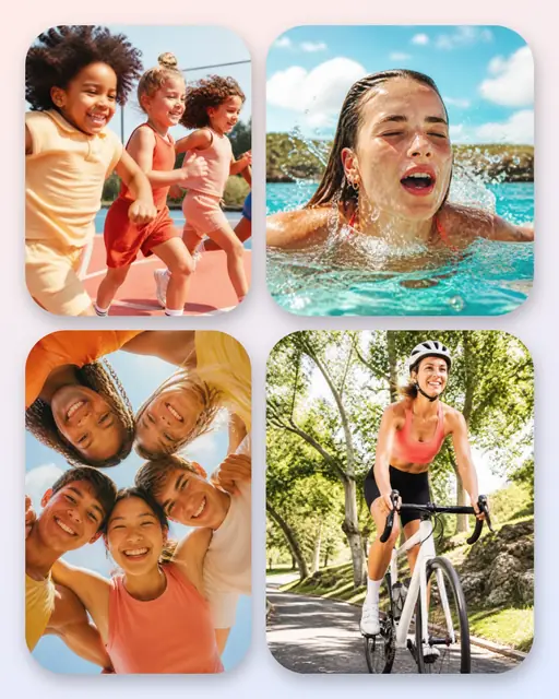 4 photo sports collage, with soft rounded corners on a pastel gradient
