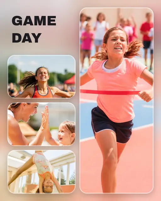 4 photo sports collage, over a blurred version of its own photos