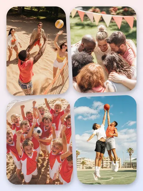 4 photo sports collage, with soft rounded corners on a pastel gradient, sized for a print