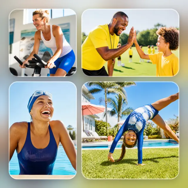 4 photo sports collage, over a blurred version of its own photos