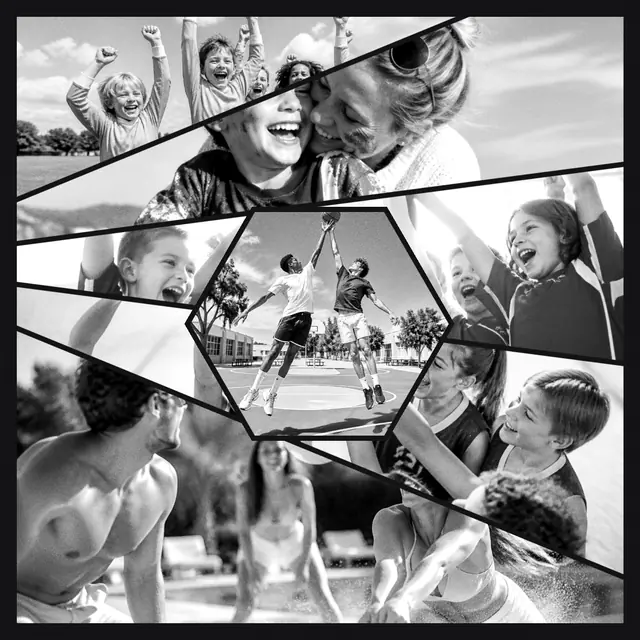 6 photo sports collage with a hexagonal medallion over the others, in black and white on a dark ground