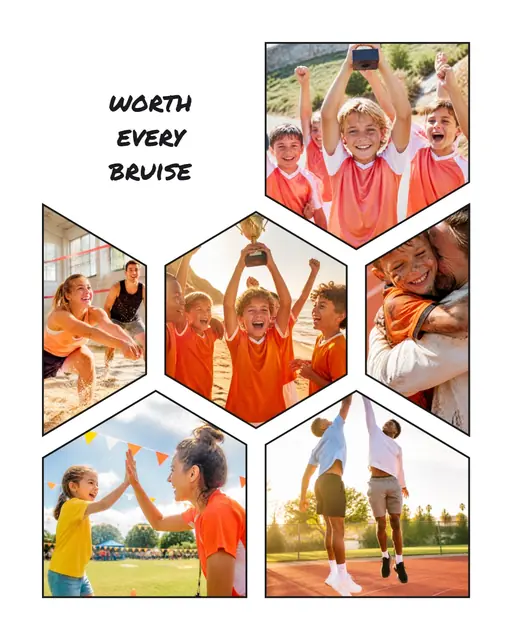 6 photo sports collage, with wide gallery margins and a hairline border