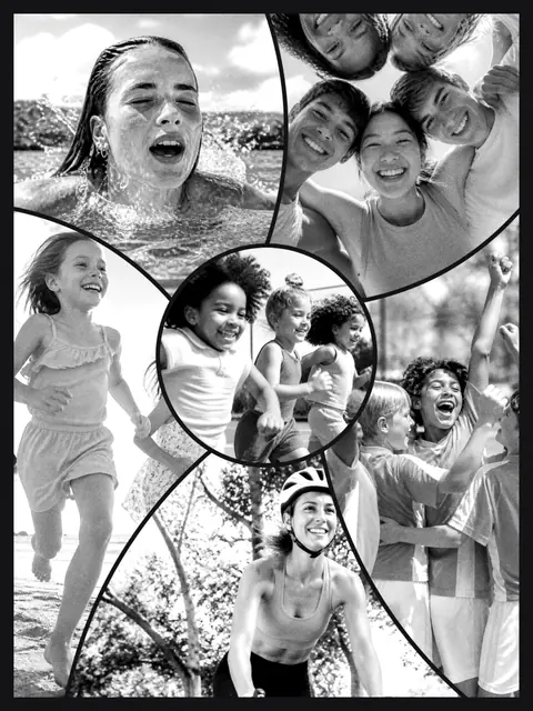 6 photo sports collage, in black and white on a dark ground, sized for a print