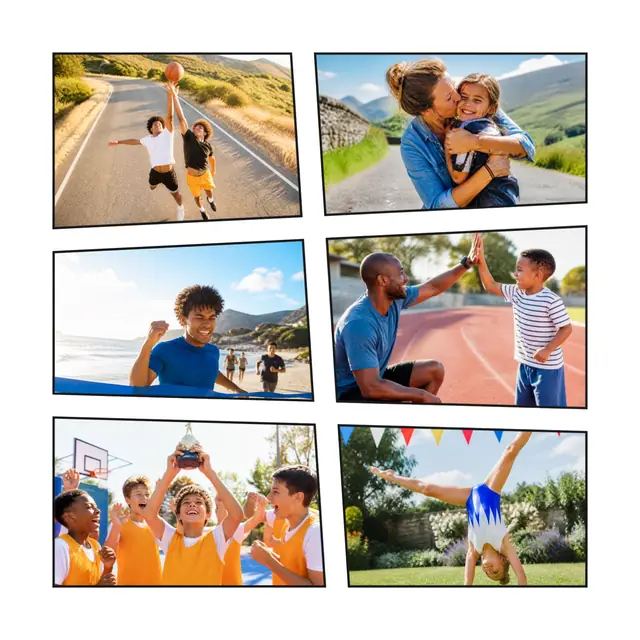 6 photo sports collage, with wide gallery margins and a hairline border