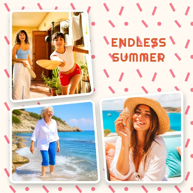 3 photo summer collage, on a confetti patterned background