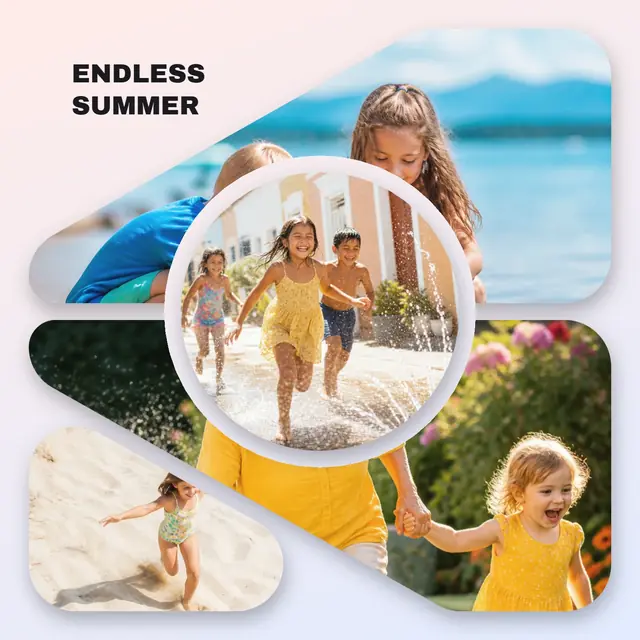 4 photo summer collage with a circular medallion over the others, with soft rounded corners on a pastel gradient