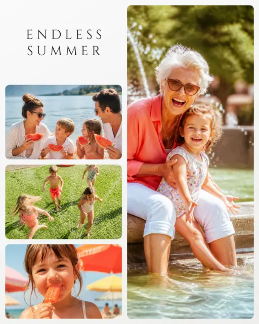 4 photo summer collage with a diamond medallion over the others