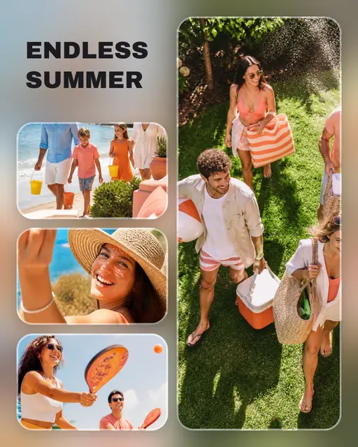 4 photo summer collage, over a blurred version of its own photos
