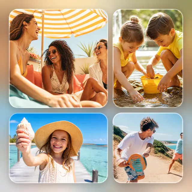 4 photo summer collage, over a blurred version of its own photos