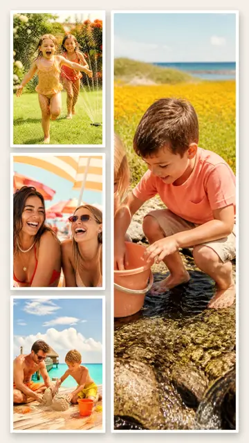 4 photo summer collage, with white polaroid borders on warm paper, sized for a story