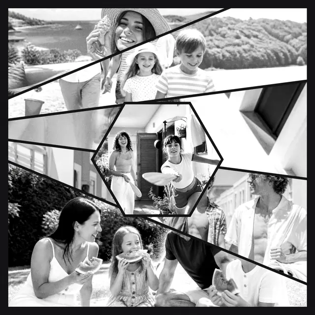 6 photo summer collage with a hexagonal medallion over the others, in black and white on a dark ground