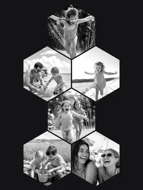 6 photo summer collage, in black and white on a dark ground, sized for a print