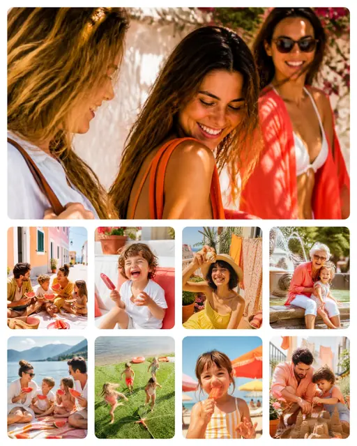 9 photo summer collage, on plain white