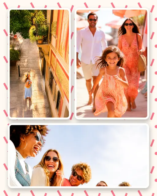 3 photo travel collage, on a confetti patterned background