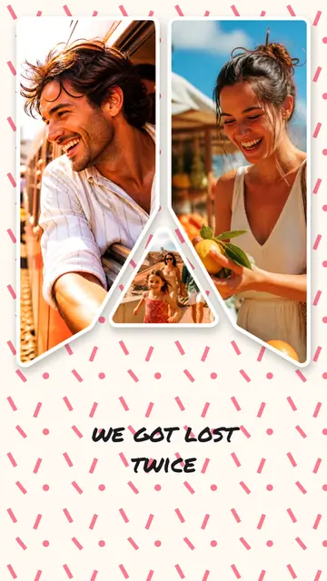 3 photo travel collage, on a confetti patterned background, sized for a story
