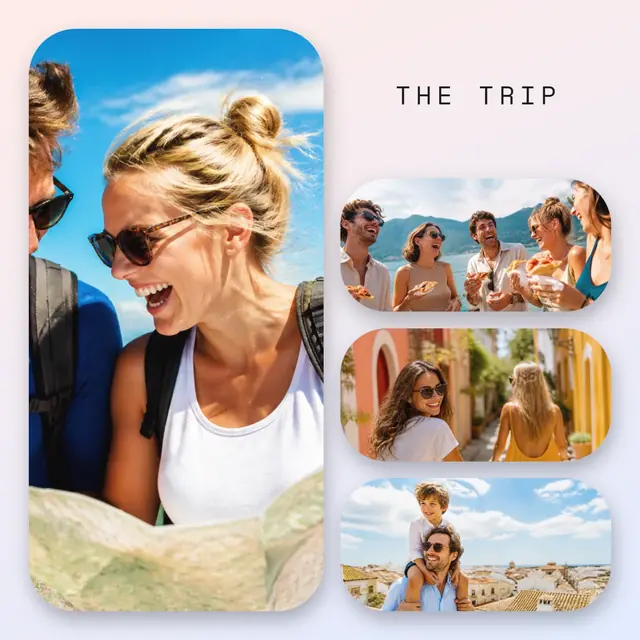 4 photo travel collage with a circular medallion over the others, with soft rounded corners on a pastel gradient