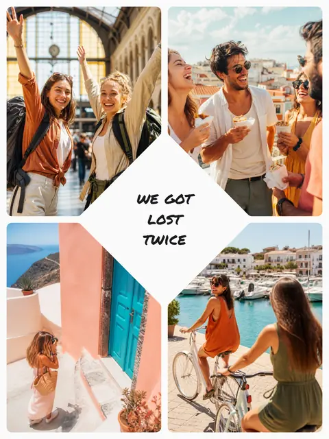 4 photo travel collage with a heart medallion over the others, sized for a print