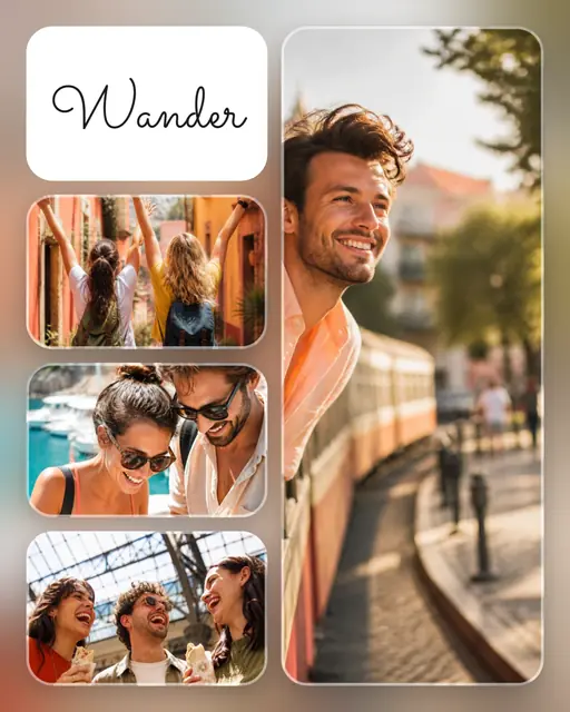 4 photo travel collage, over a blurred version of its own photos